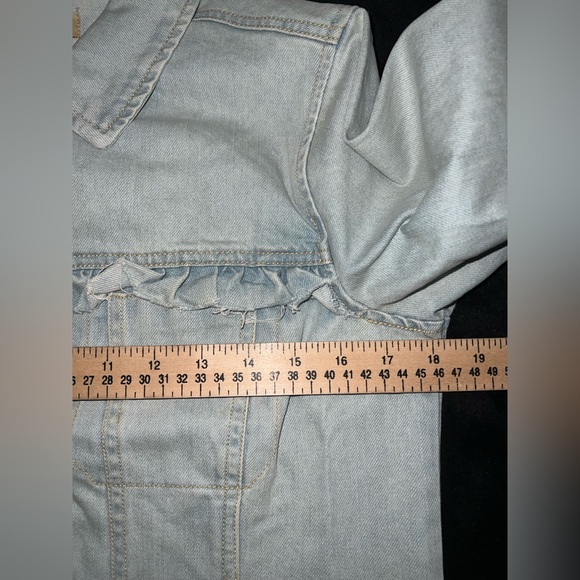 DEMOCRACY Jeans Light Blue Denim Jacket Fray Ruffle Size XS Button Down - Picture 11 of 14